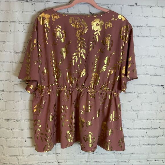 Shein Mauve Gold Foil Faux Wrap Blouse 4XL - Picture 2 of 3